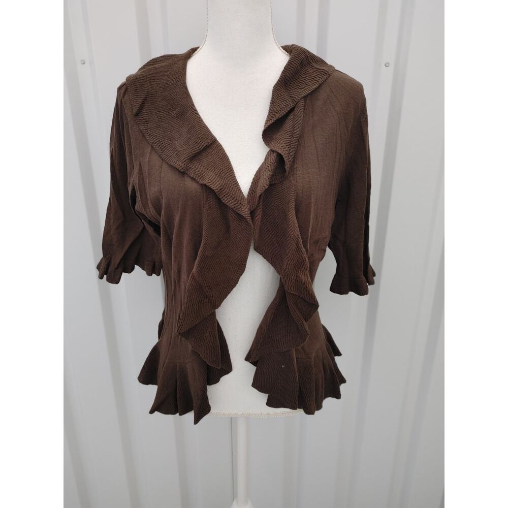 RQT Cardigan Sweater Open Front Ruffled Brown Large